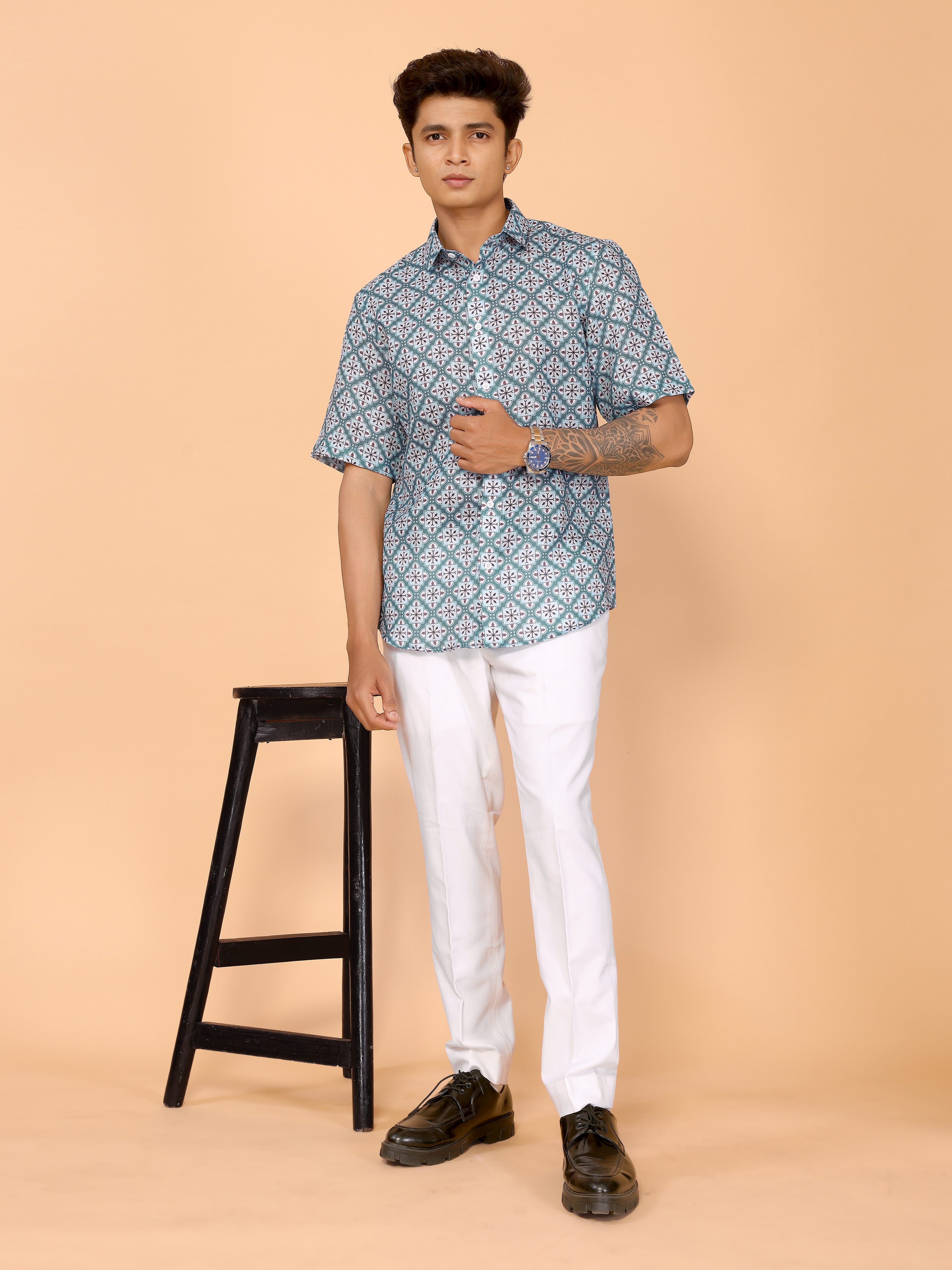 Cyan Blue Printed Linen Shirt – Fresh & Stylish Summer Essential