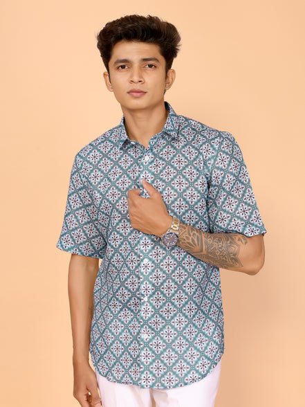 Cyan Blue Printed Linen Shirt – Fresh & Stylish Summer Essential