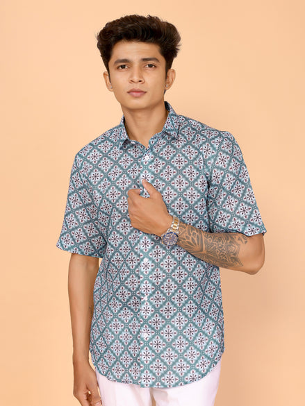 Cyan Blue Printed Linen Shirt – Fresh & Stylish Summer Essential