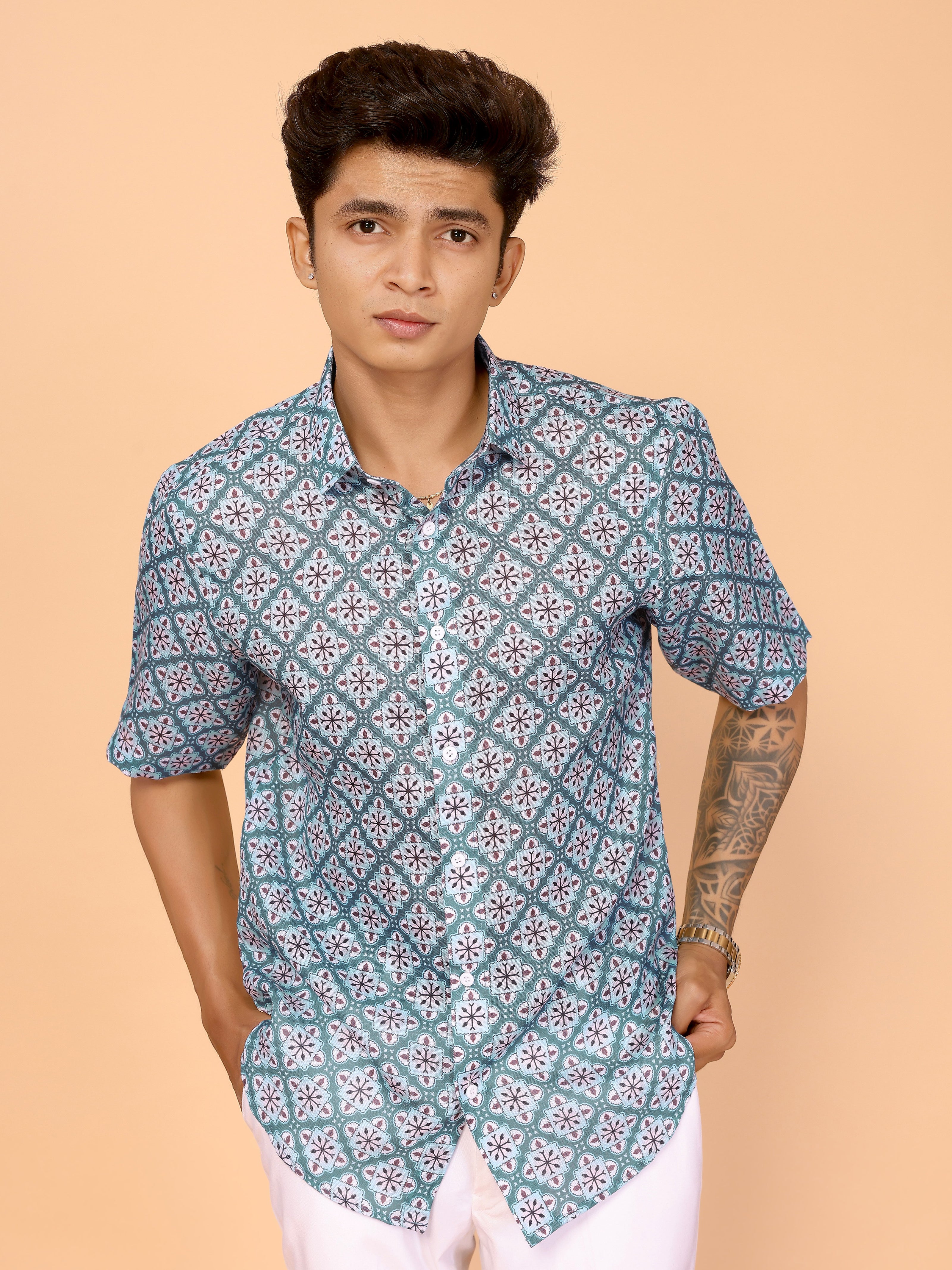 Cyan Blue Printed Linen Shirt – Fresh & Stylish Summer Essential