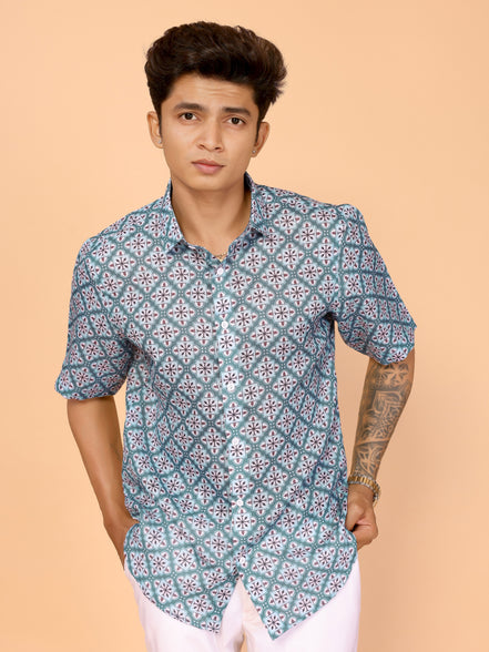 Cyan Blue Printed Linen Shirt – Fresh & Stylish Summer Essential