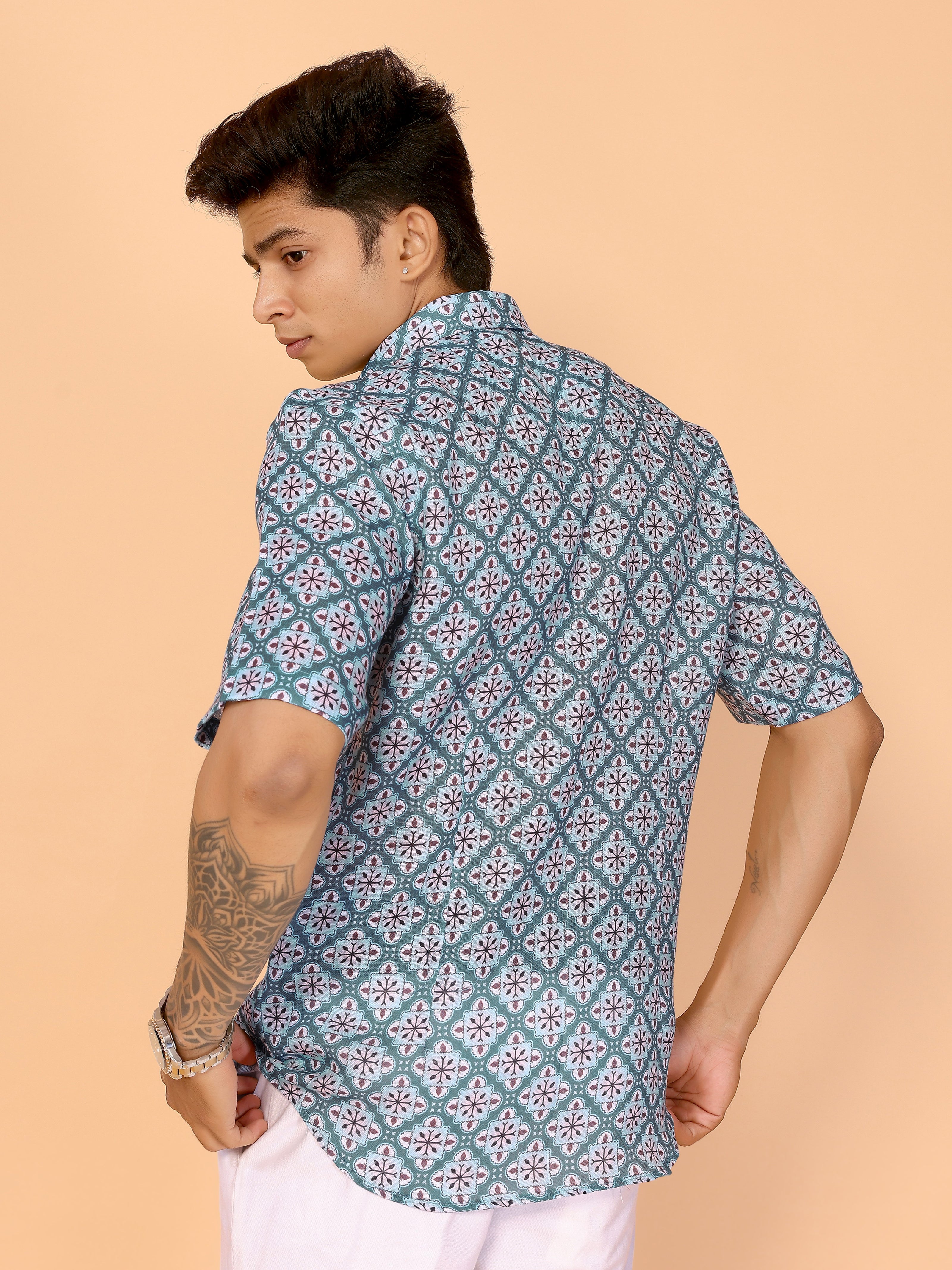 Cyan Blue Printed Linen Shirt – Fresh & Stylish Summer Essential