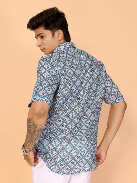 Cyan Blue Printed Linen Shirt – Fresh & Stylish Summer Essential