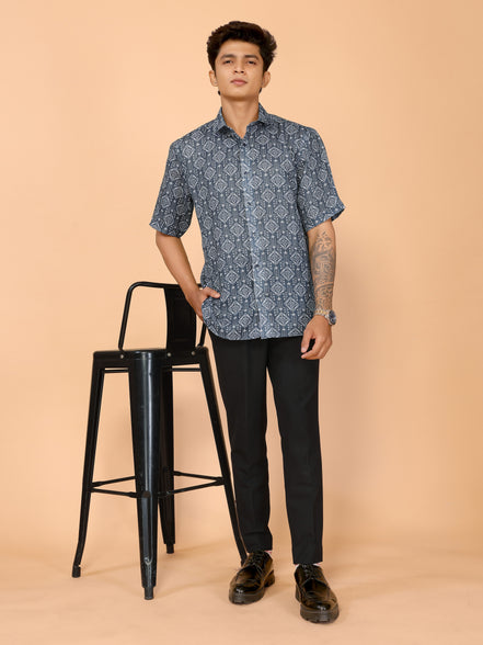 Teal Blue Abstract Print Linen Shirt – Stylish & Relaxed Summer Vibes