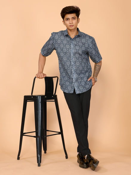 Teal Blue Abstract Print Linen Shirt – Stylish & Relaxed Summer Vibes