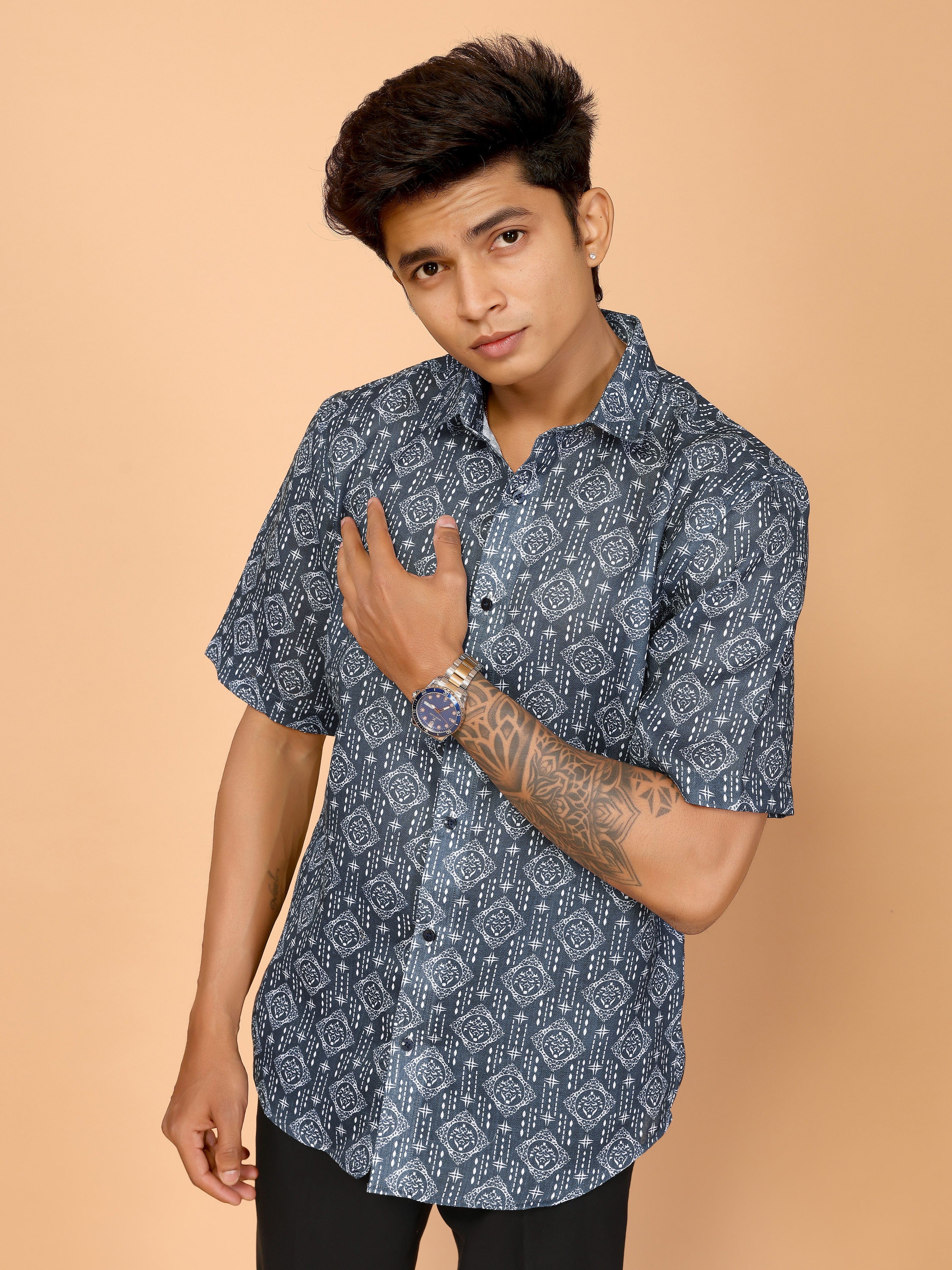 Teal Blue Abstract Print Linen Shirt – Stylish & Relaxed Summer Vibes