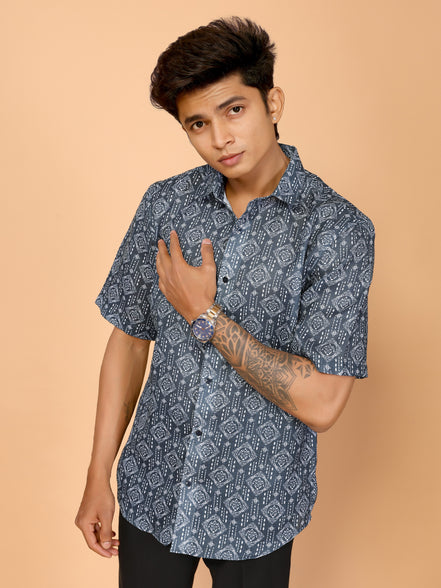 Teal Blue Abstract Print Linen Shirt – Stylish & Relaxed Summer Vibes