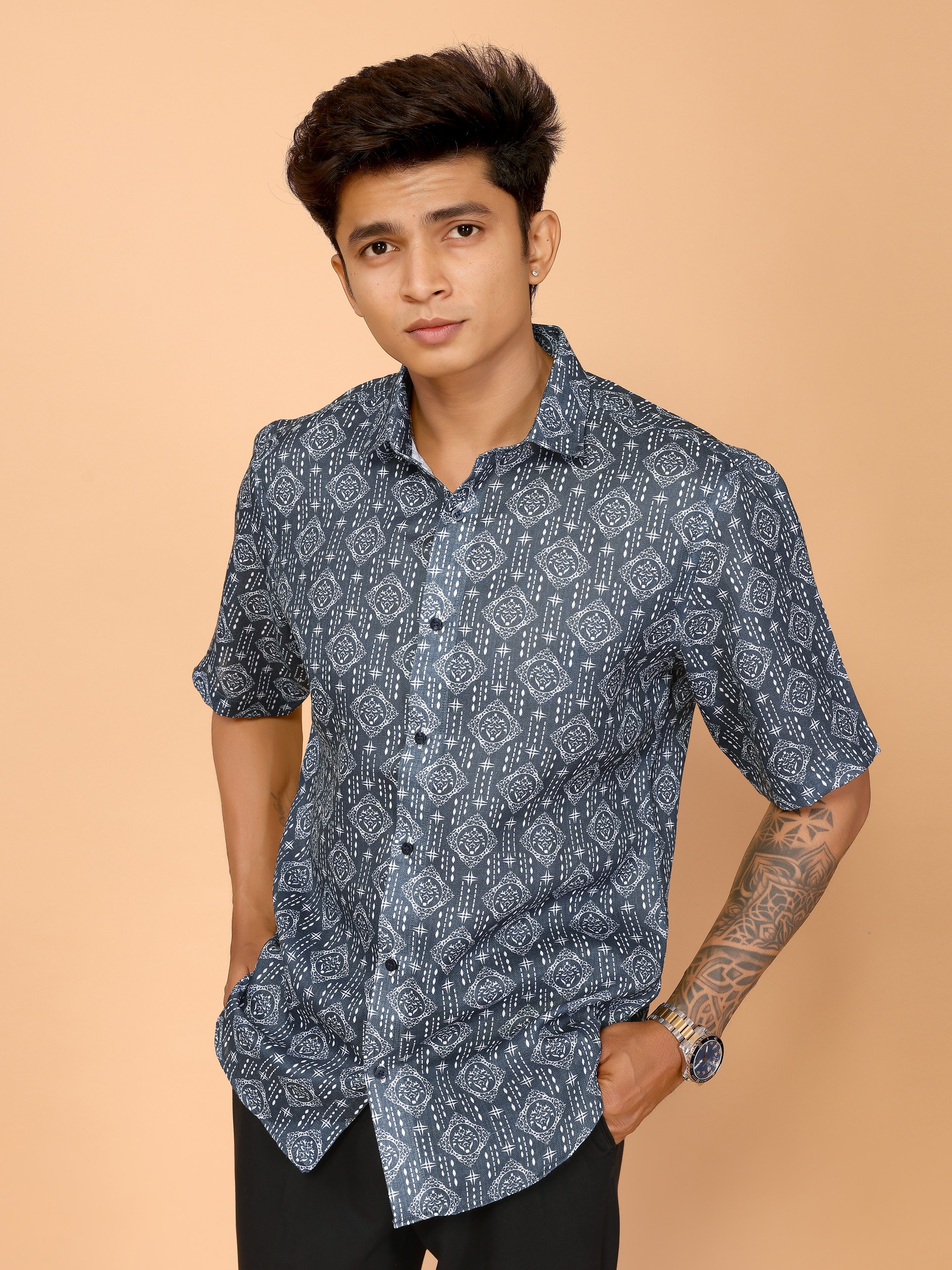 Teal Blue Abstract Print Linen Shirt – Stylish & Relaxed Summer Vibes