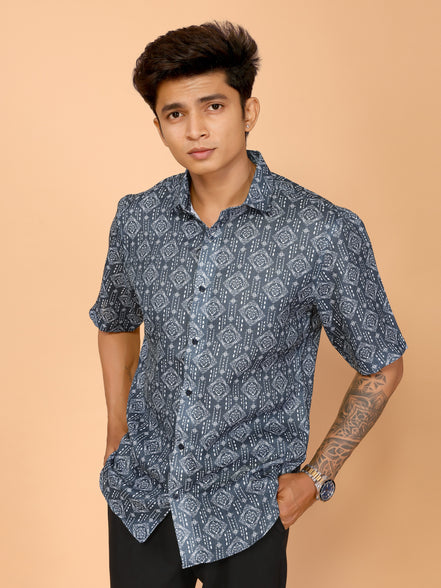 Teal Blue Abstract Print Linen Shirt – Stylish & Relaxed Summer Vibes