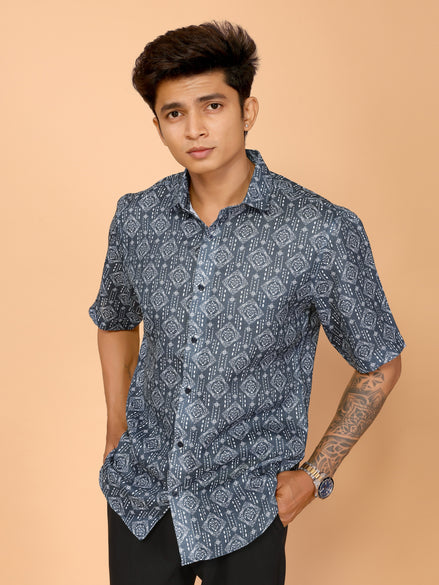 Teal Blue Abstract Print Linen Shirt – Stylish & Relaxed Summer Vibes