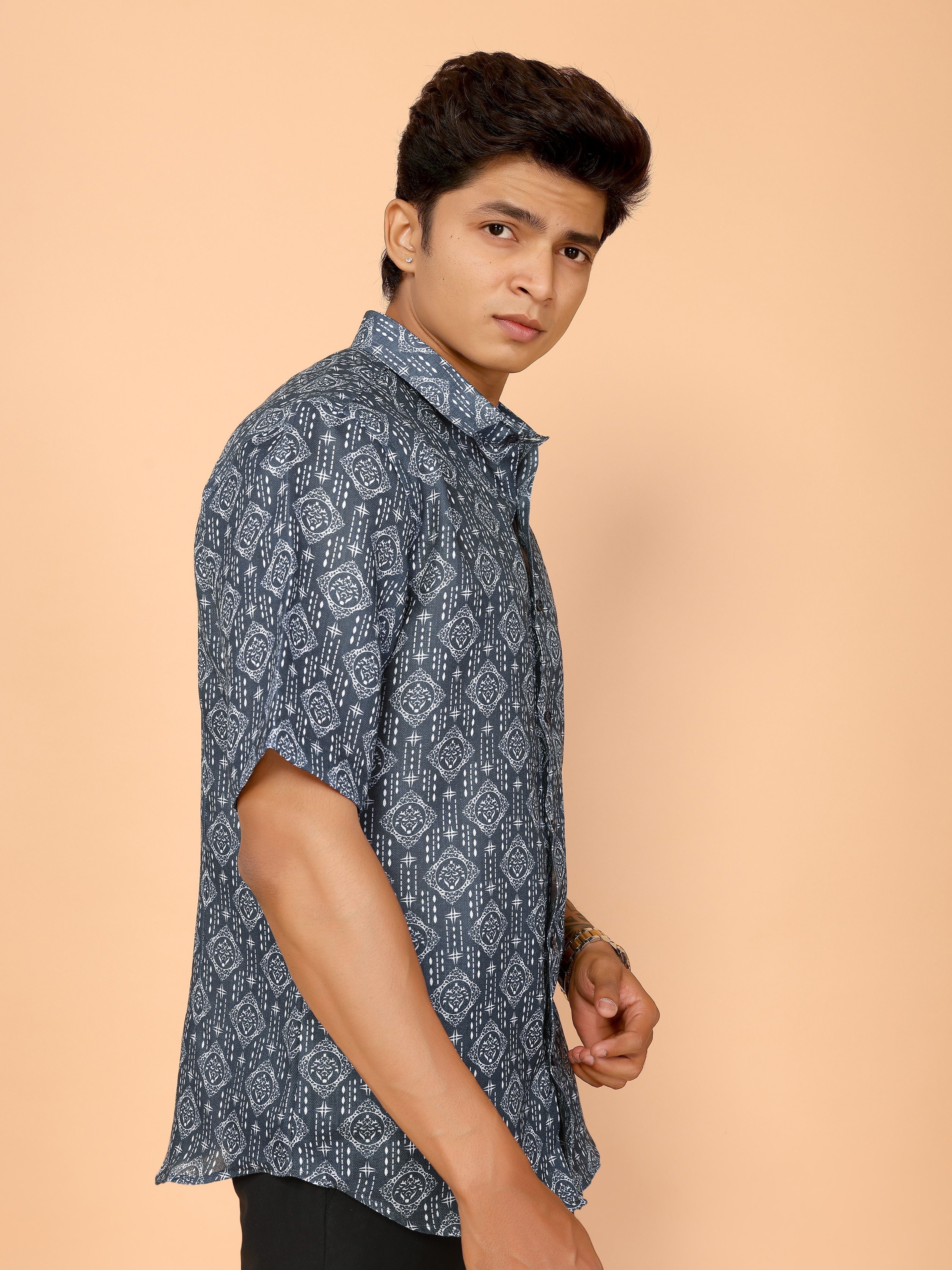 Teal Blue Abstract Print Linen Shirt – Stylish & Relaxed Summer Vibes