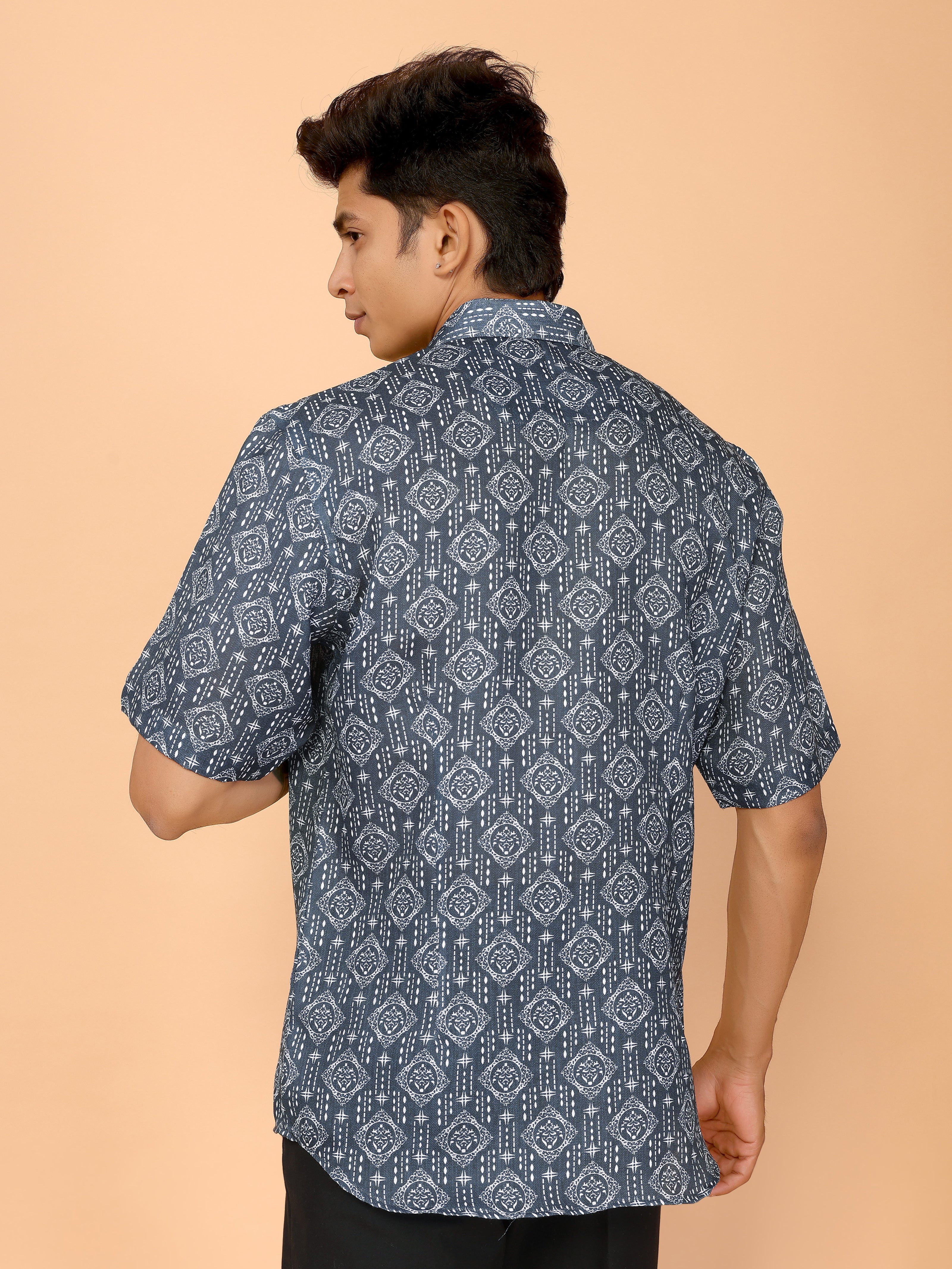 Teal Blue Abstract Print Linen Shirt – Stylish & Relaxed Summer Vibes