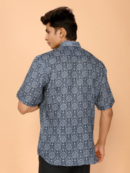 Teal Blue Abstract Print Linen Shirt – Stylish & Relaxed Summer Vibes