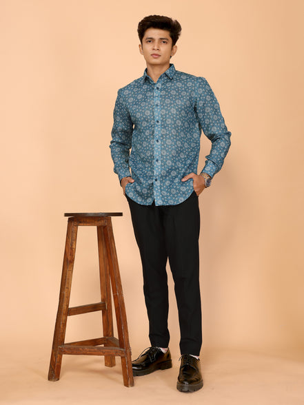 Teal Blue Abstract Print Linen Shirt – Cool & Contemporary Summer Essential