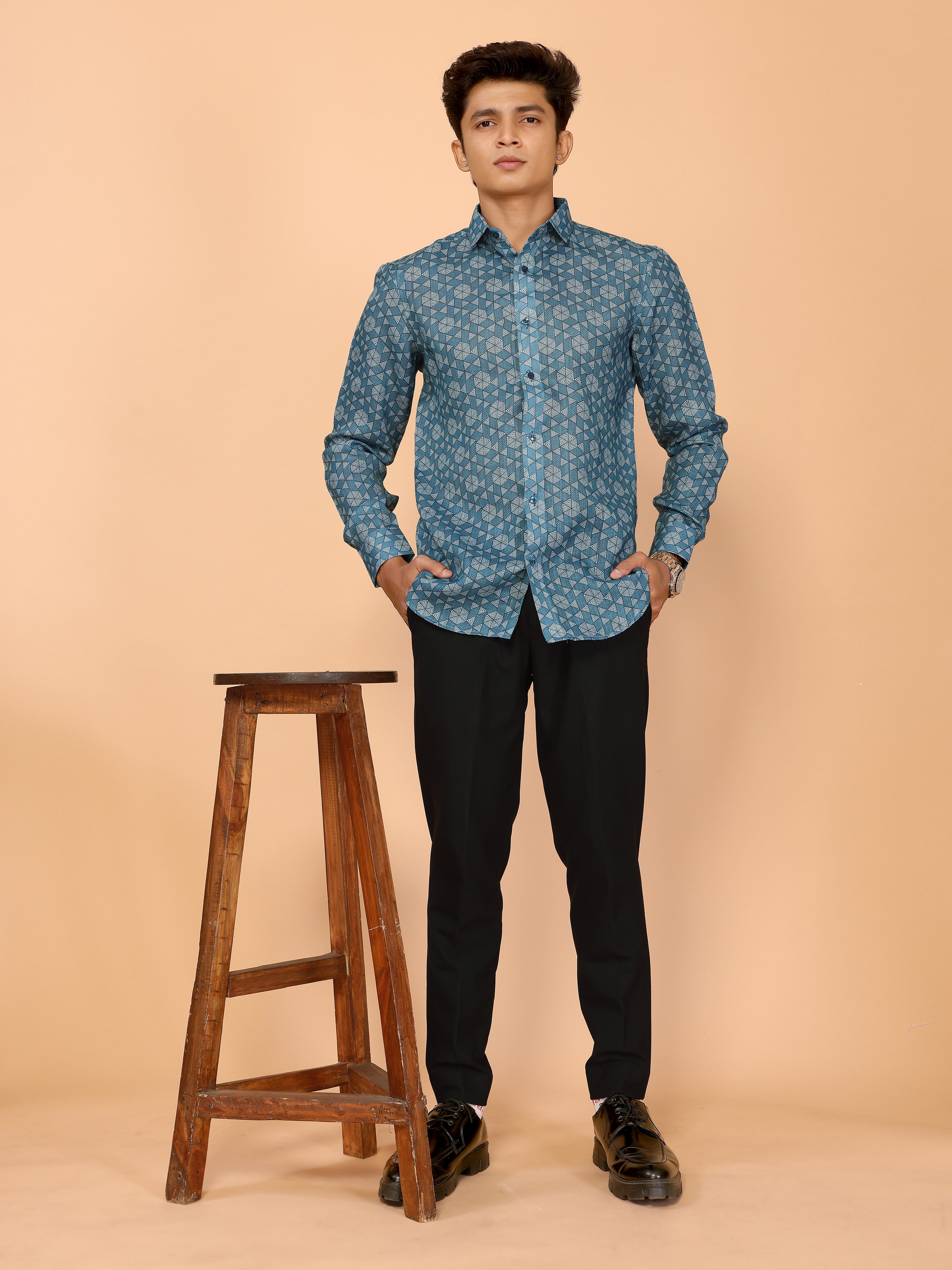 Teal Blue Abstract Print Linen Shirt – Cool & Contemporary Summer Essential