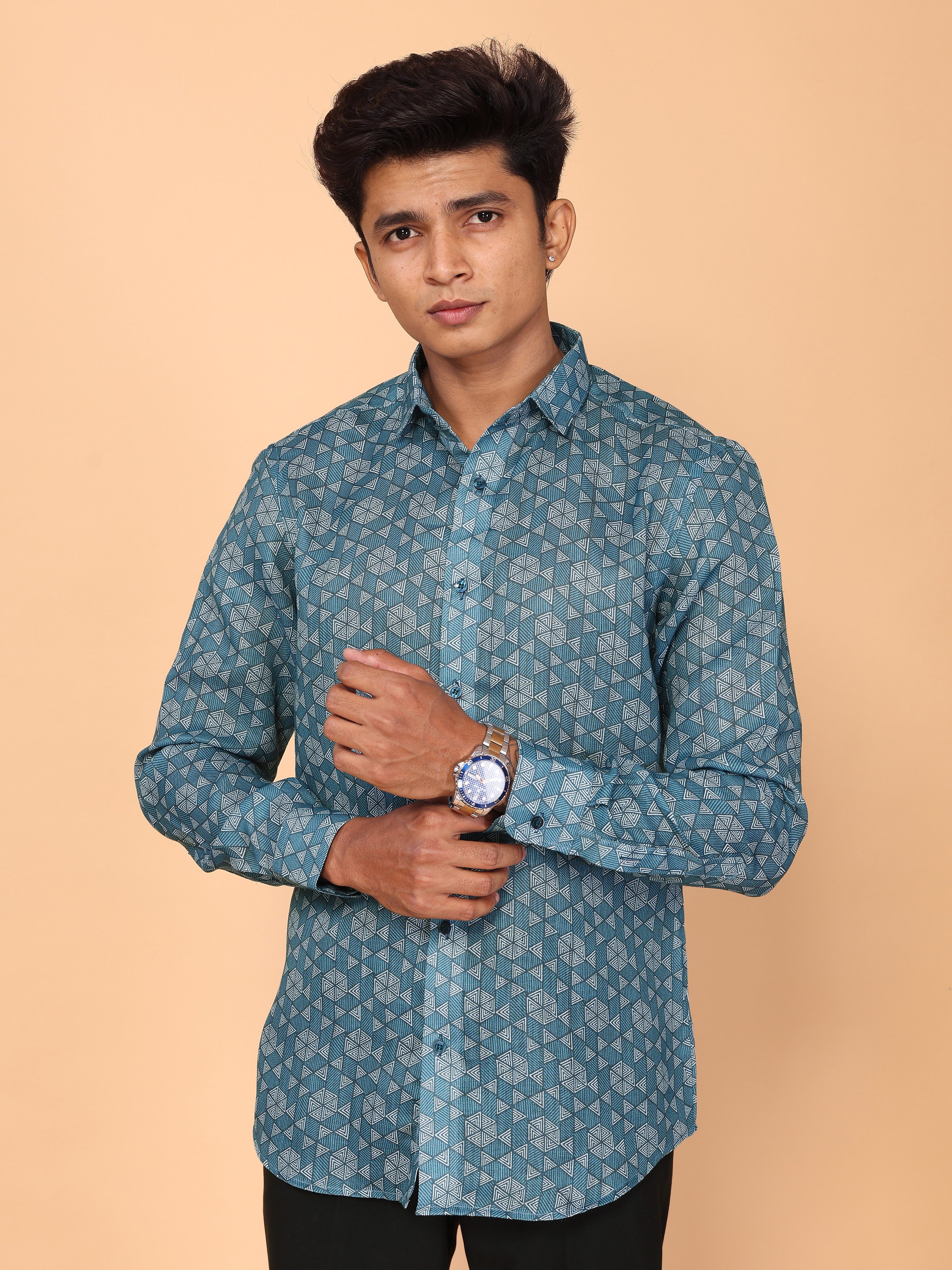 Teal Blue Abstract Print Linen Shirt – Cool & Contemporary Summer Essential