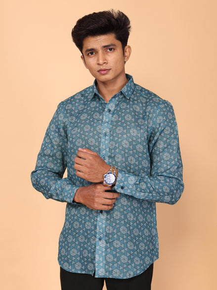 Teal Blue Abstract Print Linen Shirt – Cool & Contemporary Summer Essential