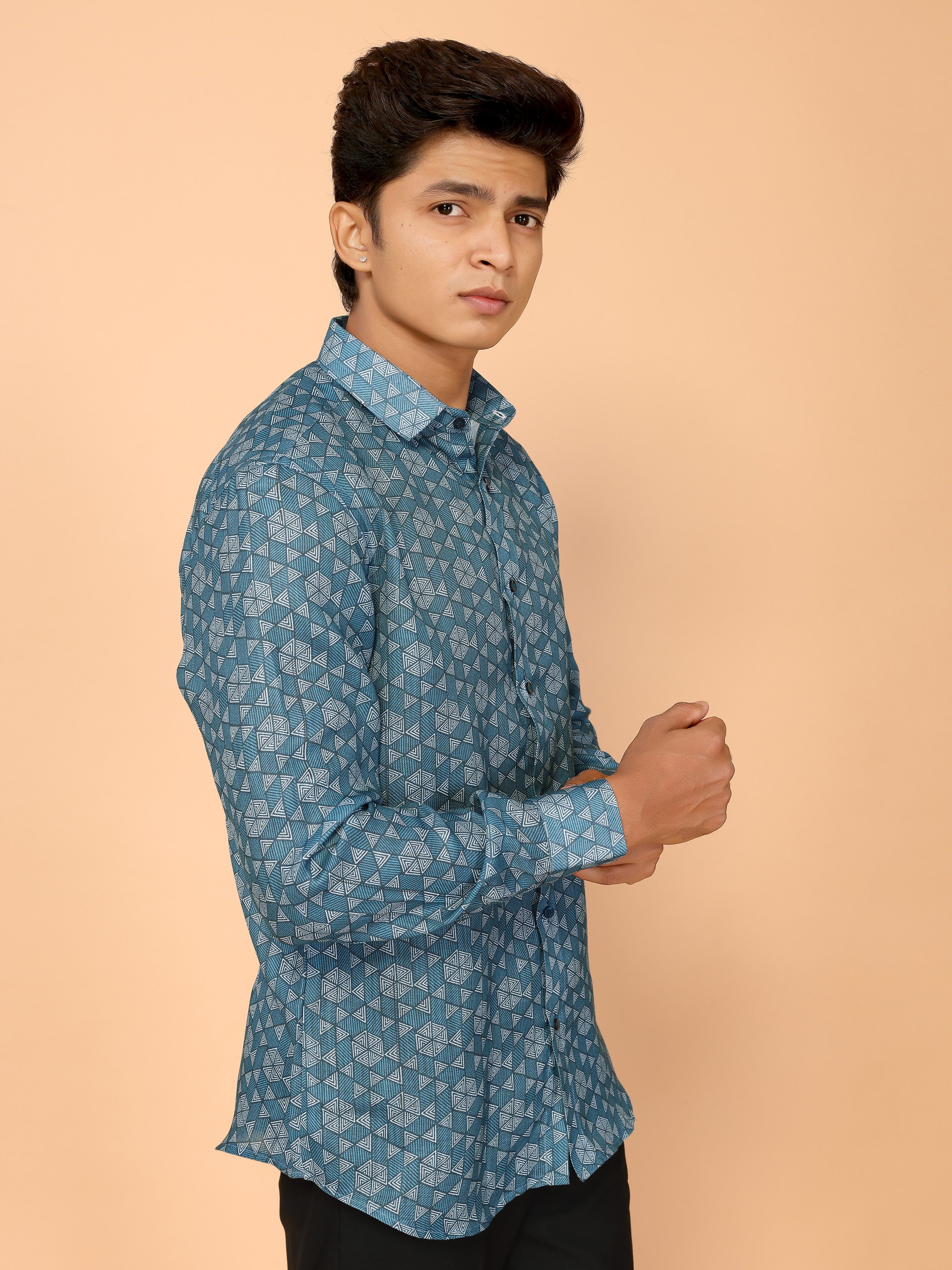 Teal Blue Abstract Print Linen Shirt – Cool & Contemporary Summer Essential