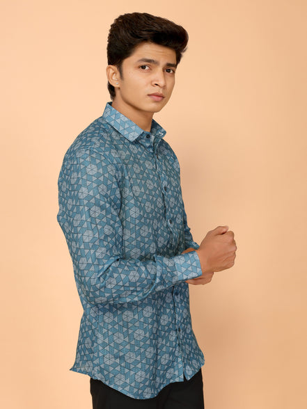Teal Blue Abstract Print Linen Shirt – Cool & Contemporary Summer Essential