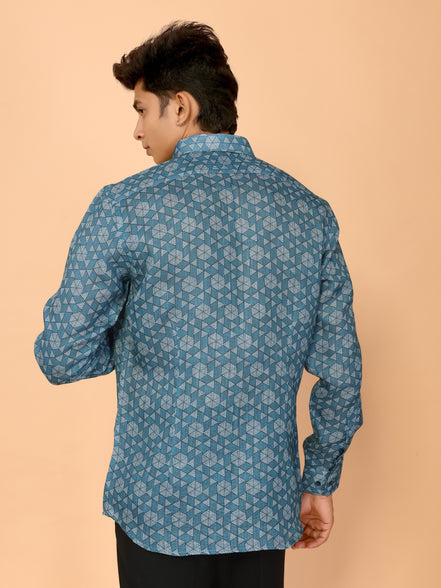Teal Blue Abstract Print Linen Shirt – Cool & Contemporary Summer Essential