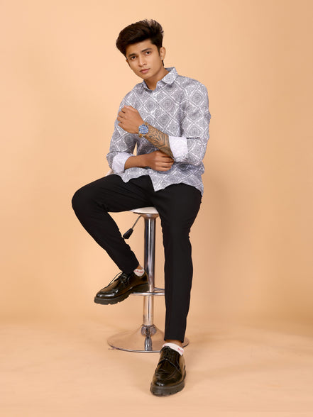 White & Gray Ethnic Motifs Printed Linen Full Sleeve Shirt – Timeless & Stylish