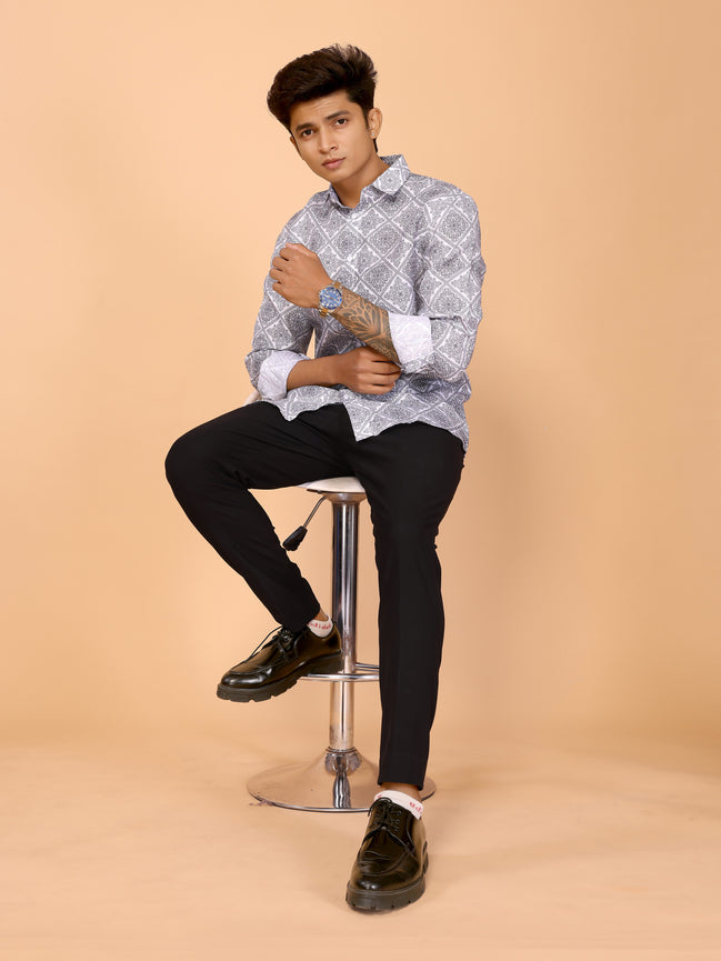 White & Gray Ethnic Motifs Printed Linen Full Sleeve Shirt – Timeless & Stylish