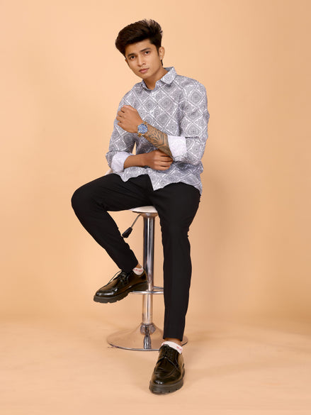 White & Gray Ethnic Motifs Printed Linen Full Sleeve Shirt – Timeless & Stylish