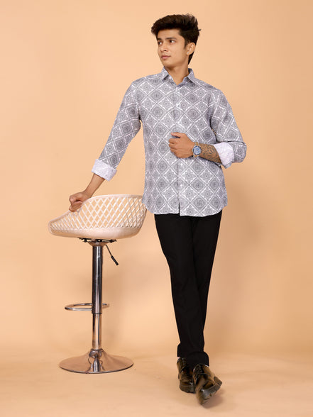 White & Gray Ethnic Motifs Printed Linen Full Sleeve Shirt – Timeless & Stylish