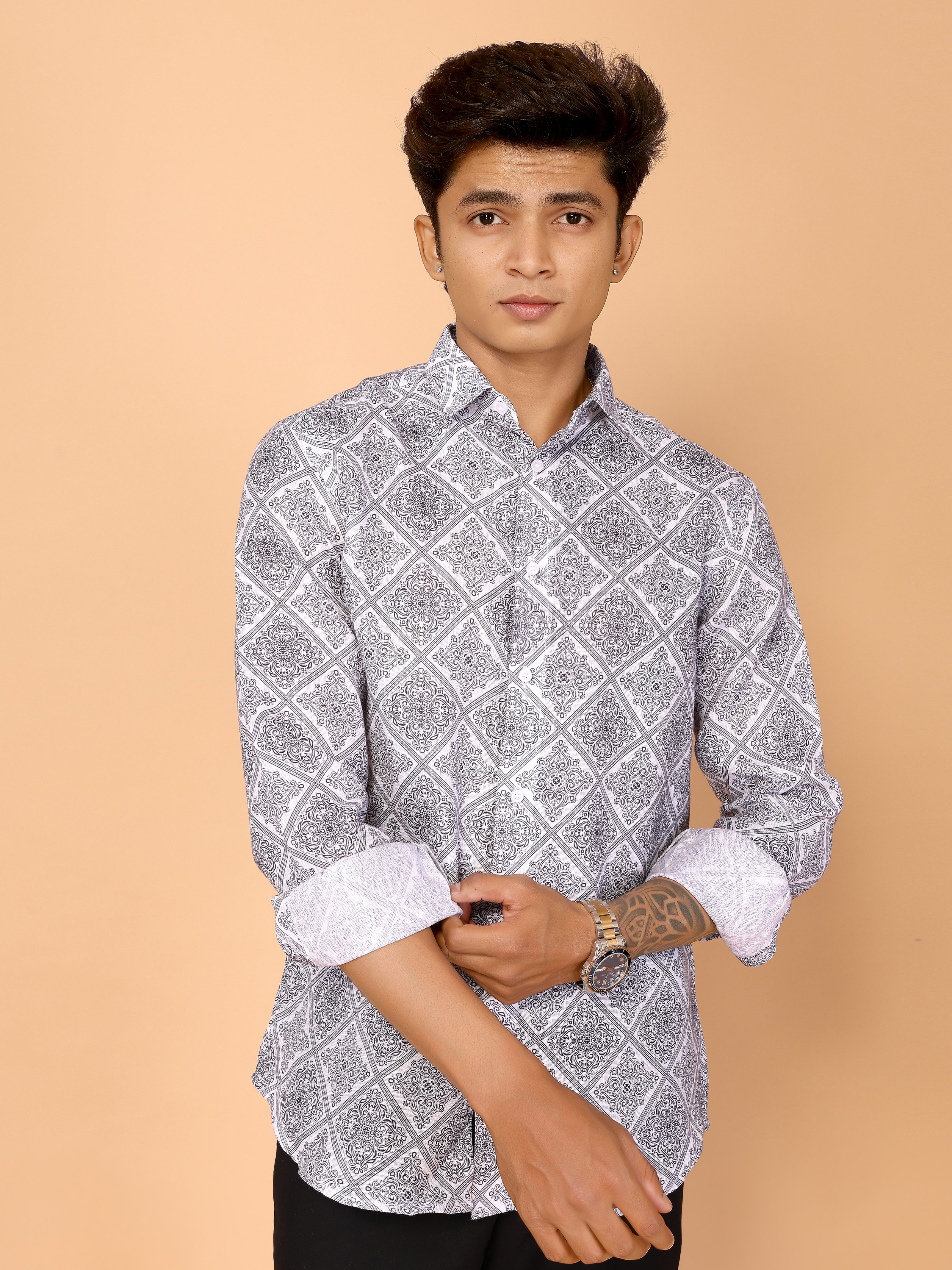 White & Gray Ethnic Motifs Printed Linen Full Sleeve Shirt – Timeless & Stylish