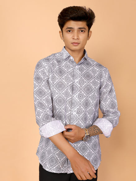 White & Gray Ethnic Motifs Printed Linen Full Sleeve Shirt – Timeless & Stylish