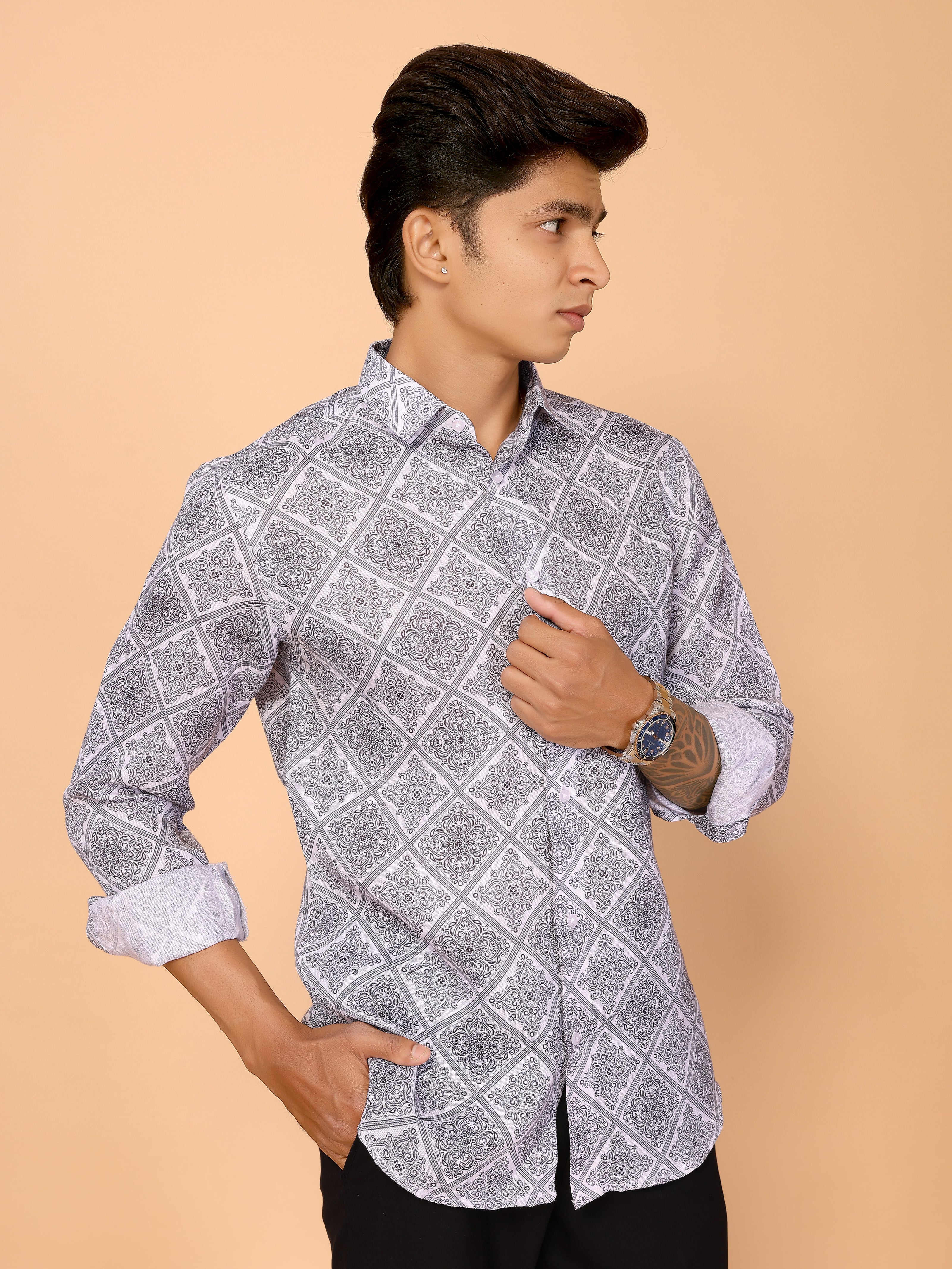 White & Gray Ethnic Motifs Printed Linen Full Sleeve Shirt – Timeless & Stylish