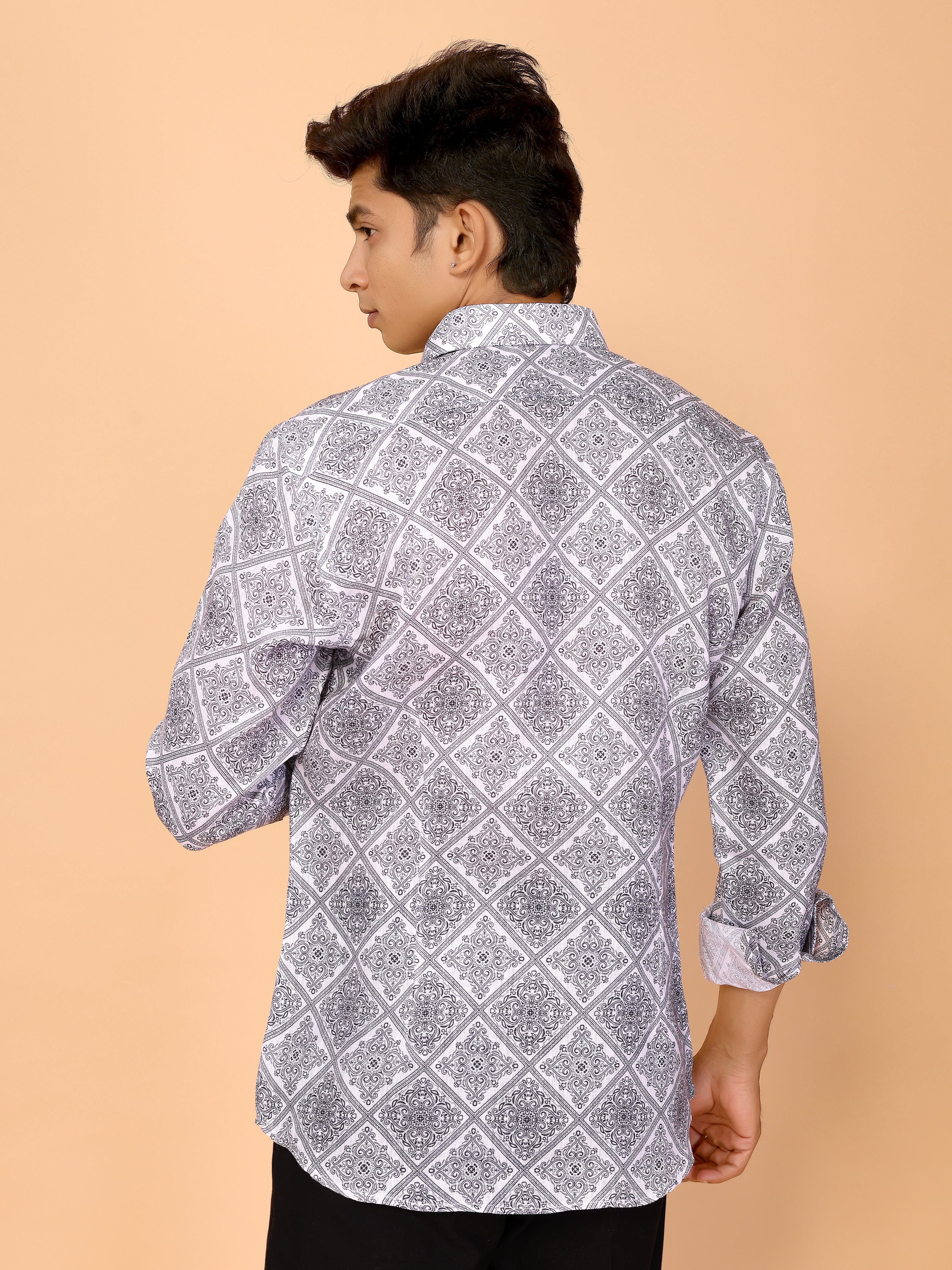 White & Gray Ethnic Motifs Printed Linen Full Sleeve Shirt – Timeless & Stylish