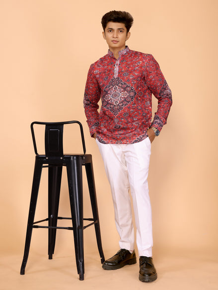Red Abstract Print Full Sleeve Linen Shirt – Bold & Stylish Summer Essential