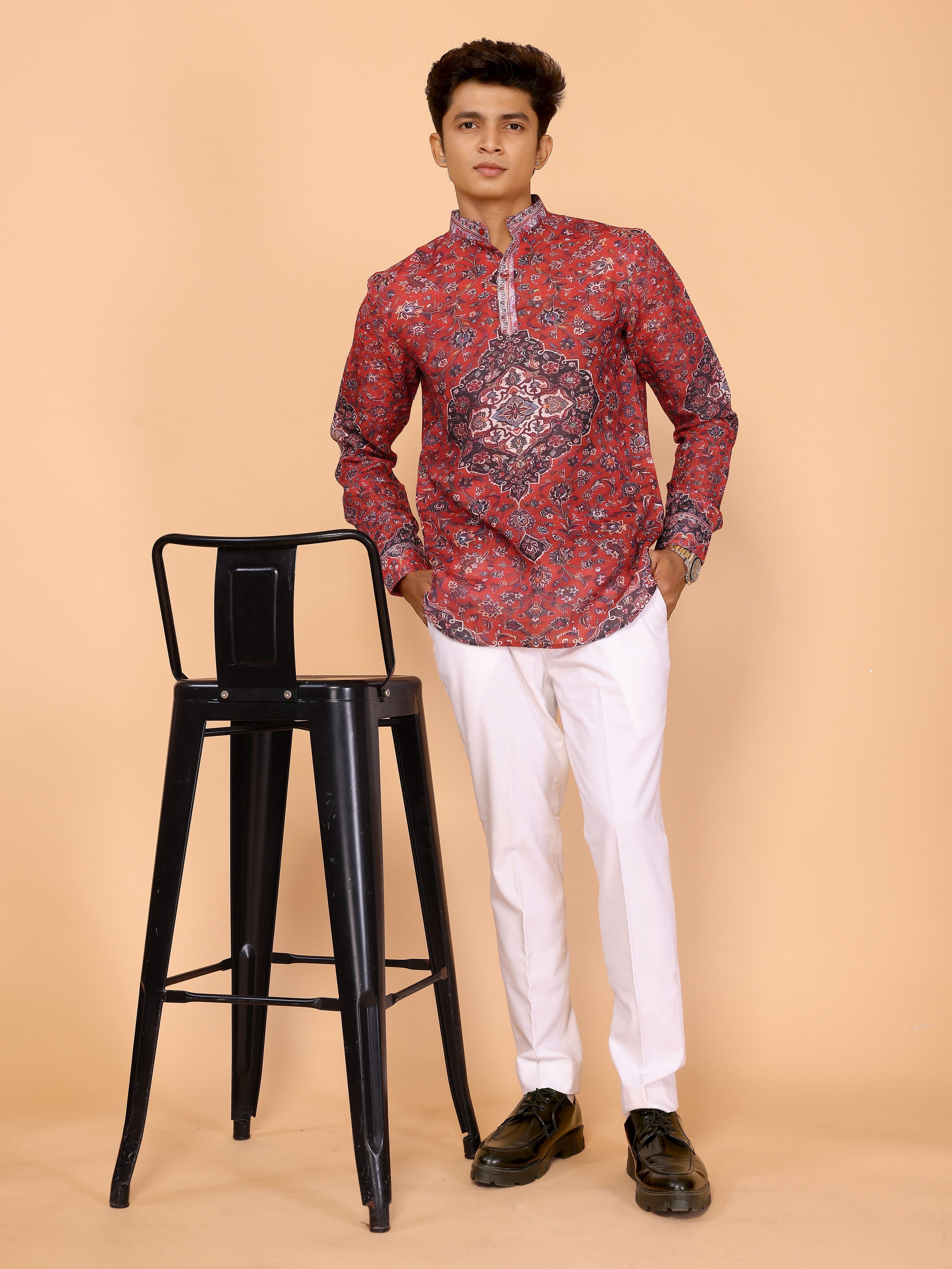 Red Abstract Print Full Sleeve Linen Shirt – Bold & Stylish Summer Essential