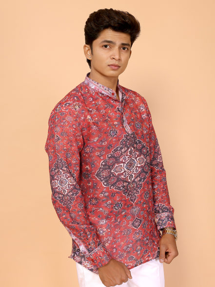 Red Abstract Print Full Sleeve Linen Shirt – Bold & Stylish Summer Essential