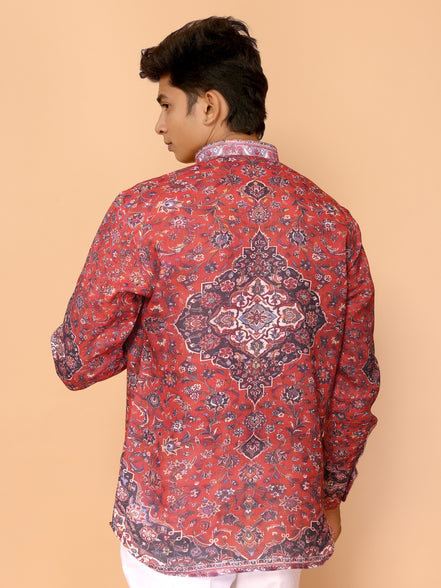 Red Abstract Print Full Sleeve Linen Shirt – Bold & Stylish Summer Essential