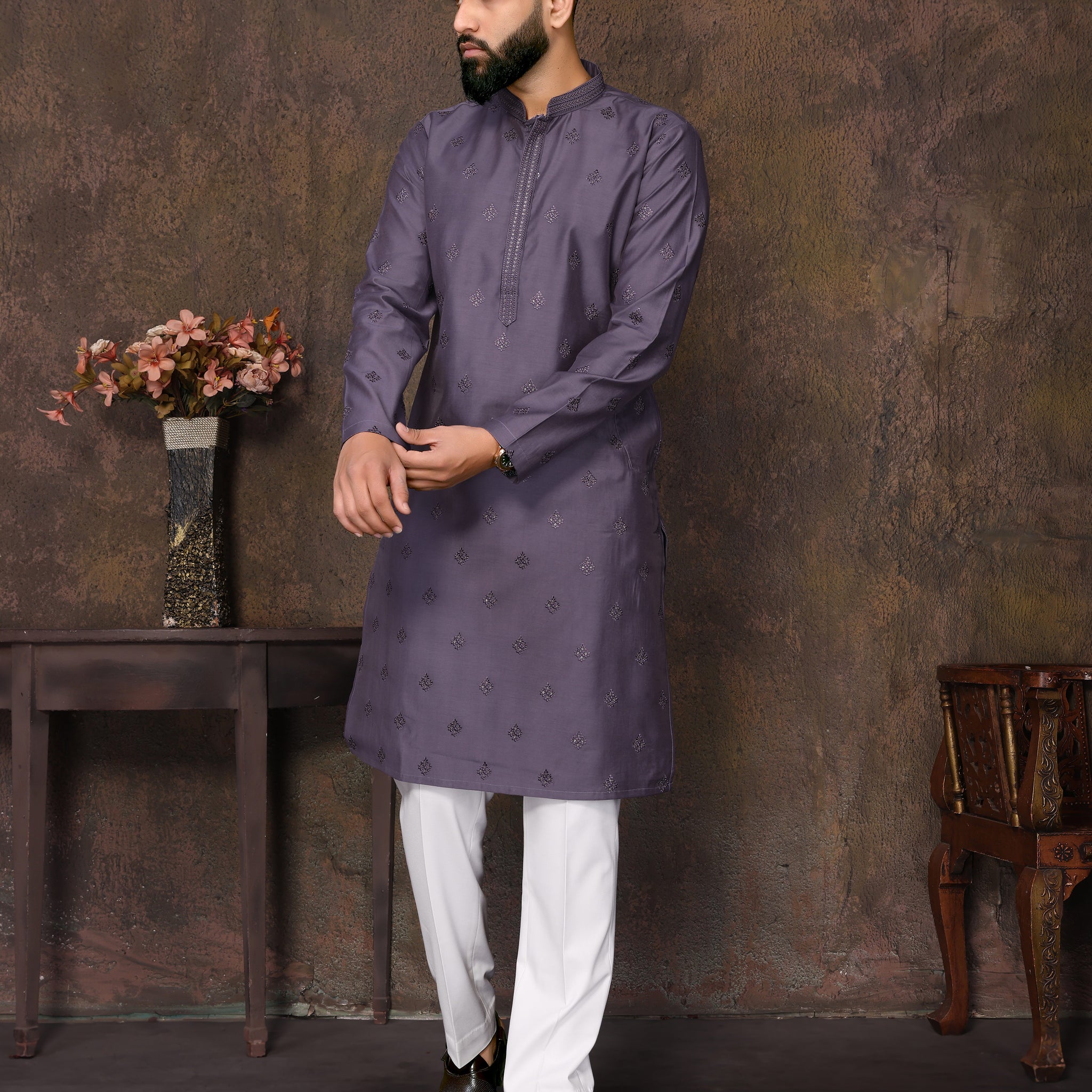 Purple Embroidery Work Kurta Pyjama
