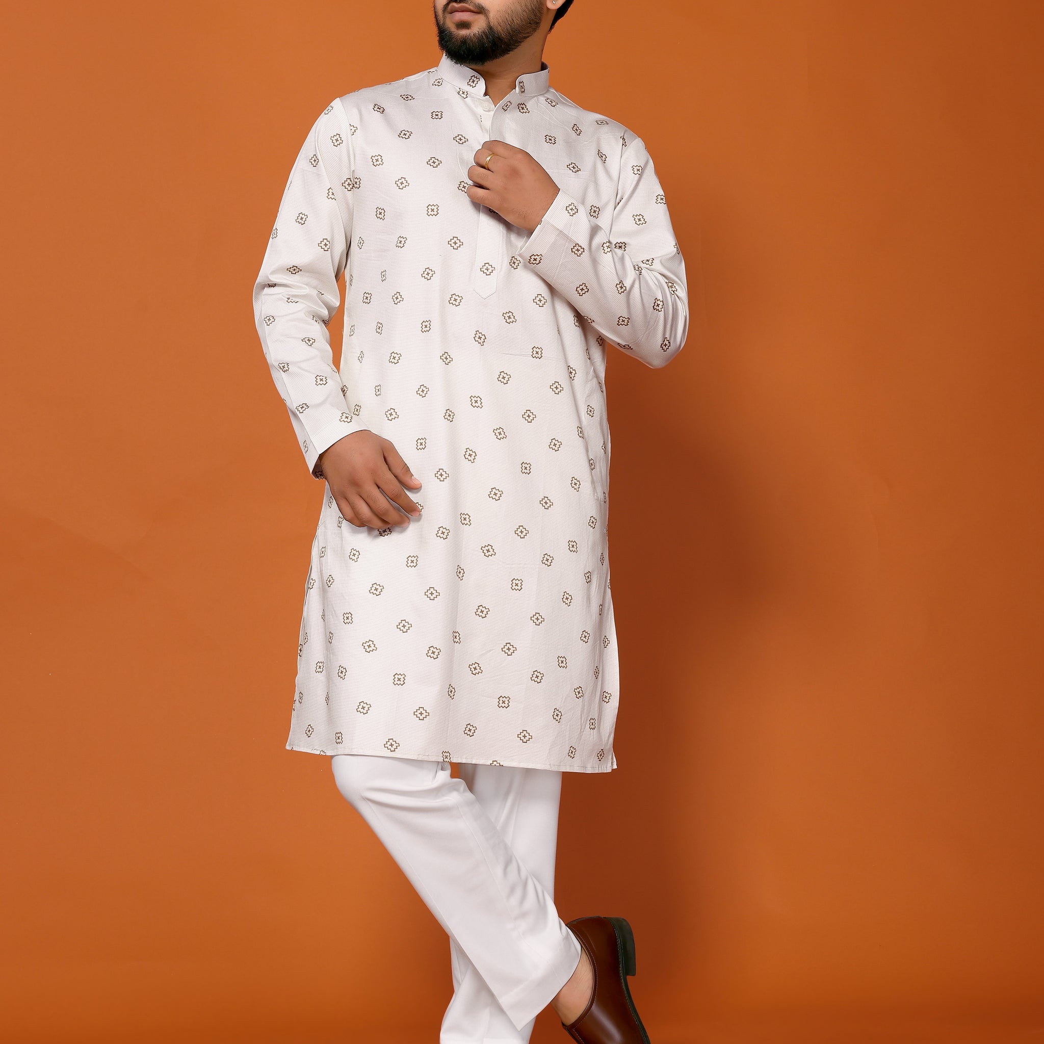 Off White Geometric Print Cotton Kurta Pyjama
