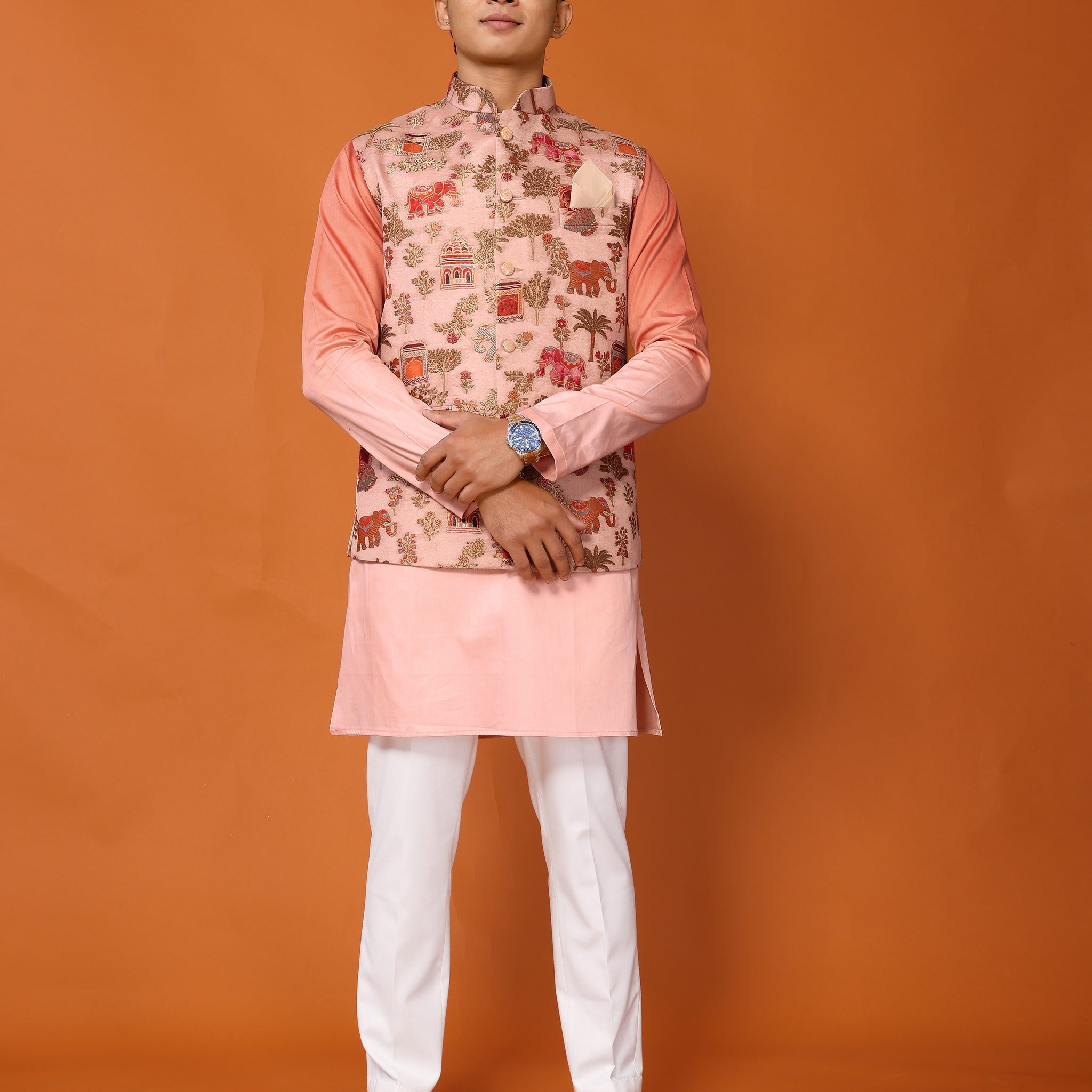 Peach Cotton Kurta Pyjama Koti Set