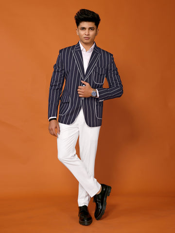 Navy Blue Striped Suit Set for Men